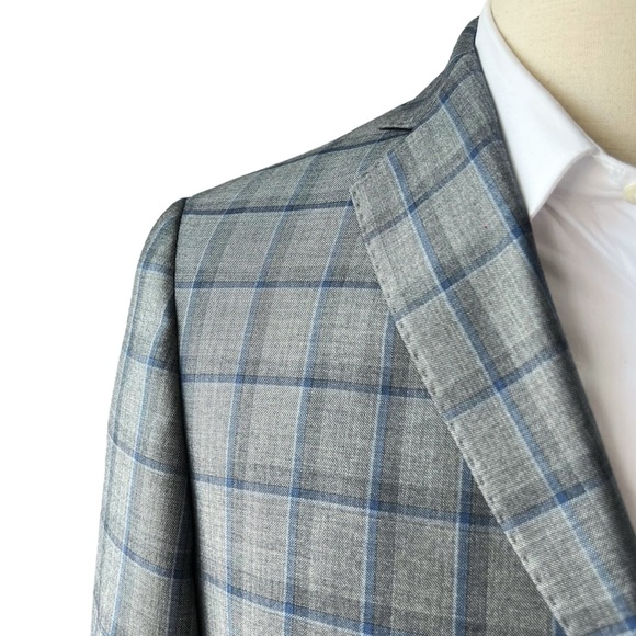 J Hilburn Grey and Blue Plaid Wool Sports Coat40 R